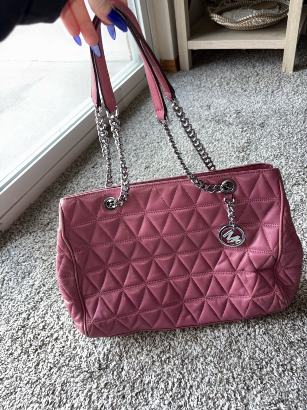 Michael Kors Quilted Shoulder Tote in Dusty Rose with Silver Hardware